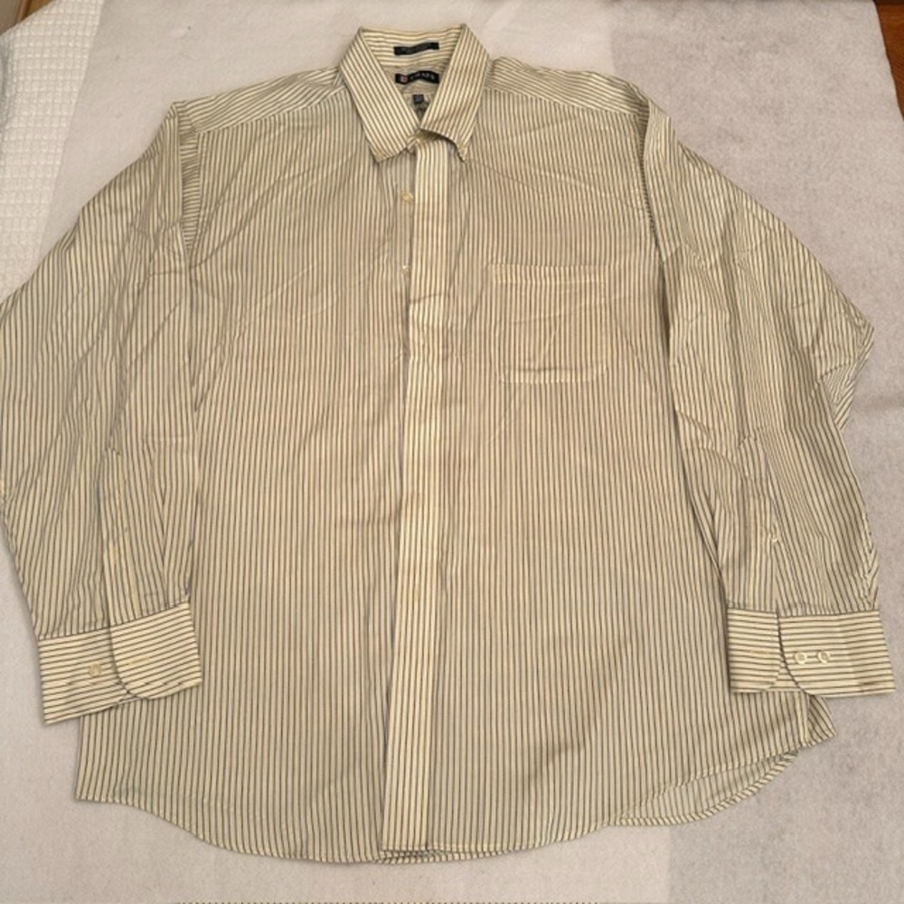 Chaps Wrinkle Free Striped Dress Shirt Mens Yellow XL 17 17.5 Button Down Office